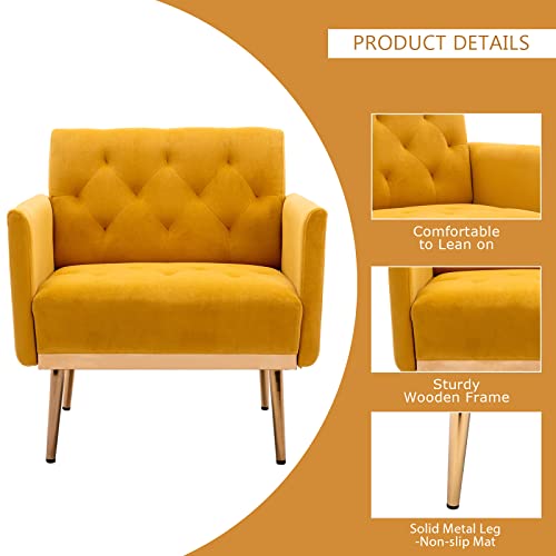 Kivenjaja Velvet Accent Chair, Modern Comfy Tufted Upholstered Armchair For Living Room & Bedroom, Reading Arm Chair Single Sofa With Rose Gold Metal Legs, Mustard #TOP4