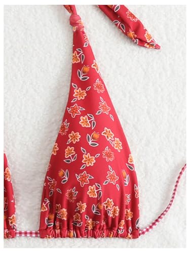 Women's 2 Piece Floral Plaid Swimsuit Halter Triangle Bathing Suit Bowknot Tie Side Bikini Sets4