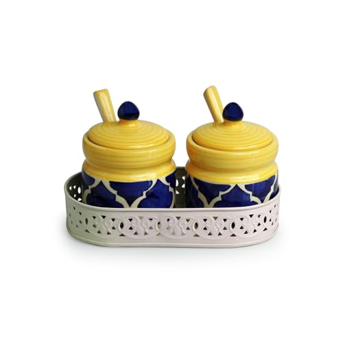 Image of ExclusiveLane 'Moroccan' Ceramic Pickle Jars For Dining Table Ceramic Container With Spoons & Iron Tray (Non Air-Tight, Set Of 2, 280 ml) Jars For Kitchen Storage Pickle Jar For Storage,Multicolor