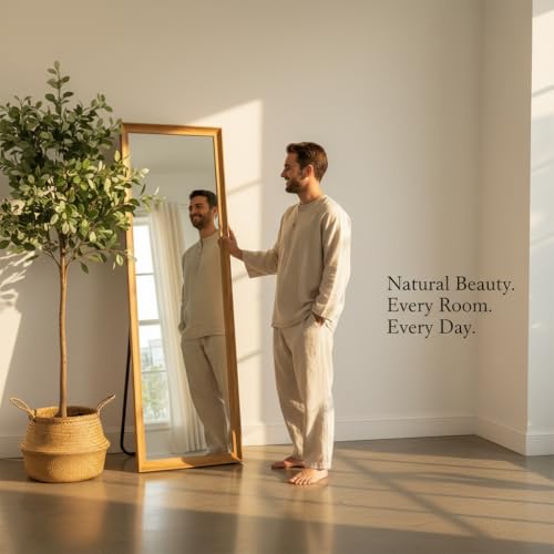 Image of APRODZ Full Length Mirror with Wooden Frame | 65x22 Inch Floor Standing Full Body Mirror | HD Large Dressing Mirror with Stand & Wall Hanging Option for Bedroom, Living Room & Studio