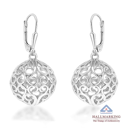 Image of TRUESILVER ACPL 925 Sterling Silver BIS Hallmarked Filigree Ball Leverback Drop Dangle Earrings for Women
