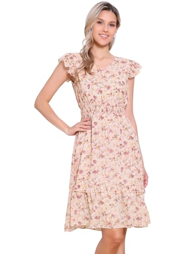 Image of Allegra K Women's Floral Dress Spring Summer V Neck Flutter Sleeve Ruffle Casual Smocked Knee Length Dresses