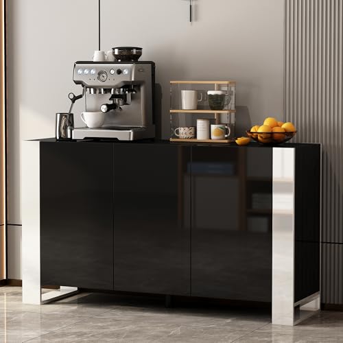 XINRONG Sideboard Buffet Cabinet with Storage, 55''W High Gloss Kitchen Storage Cabinets with Doors and Adjustable Shelves, Coffee Bar Cabinet Buffet Cabinets Sideboard for Kitchen, Living Room, Black