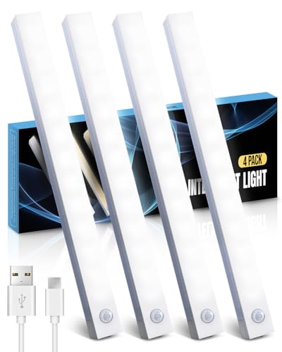 KALAHOL Under Cabinet Kitchen Lights 4 Pack 4 Modes USB Motion Sensor Cupboard Light USB Type-C Stepless Dimming with Magnetic Sticker for Kitchen Wardrobe Bedroom Stairs (Cold White)
