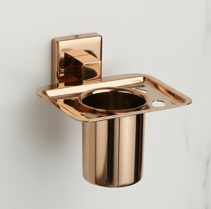 Image of EASYHOME FURNISH Premium 304 Stainless Steel Toothbrush Holder with Tumbler Cup - Wall Mounted Bathroom Organizer Stand for Toothpaste & Brushes, Rustproof Rose Gold PVD Mirror Finish (Square-26RG)