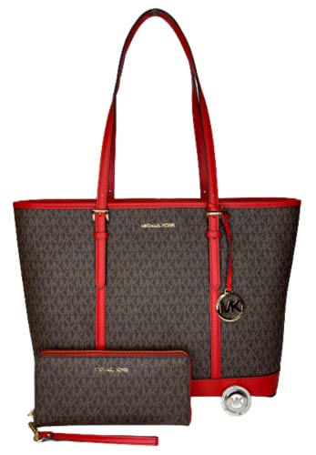 MICHAEL Michael Kors Jet Set Travel Large TZ Shoulder Tote bundled with Large Travel Continental Wallet and Michael Kors Purse Hook (Signature MK Brown/Flame)
