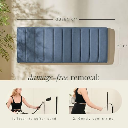 Image of Hearth & Harbor Wall Mounted Queen Headboard Only, Bed Headboard Queen Size | Easy Assemble, Floating Peel and Stick, Upholstered, Channel Stitched, 3D Wall Panels, 5 Strips of 3M Tape Included, Blue