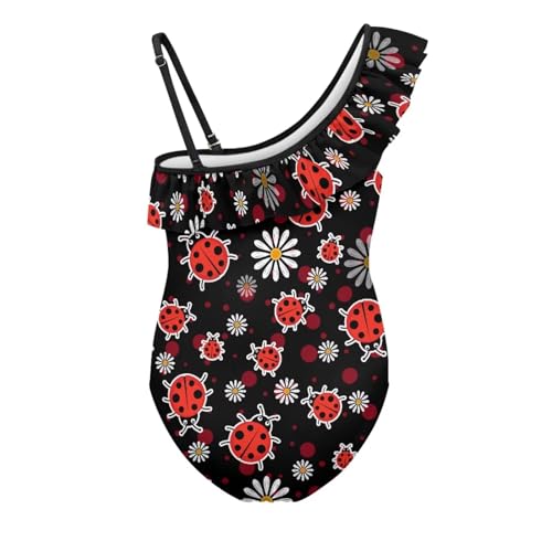 Image of Ladybug Swimsuits for Girls 5-14 One Piece Bathing Suit Kids One Ruffle Shoulder Beach Sport Swimwear