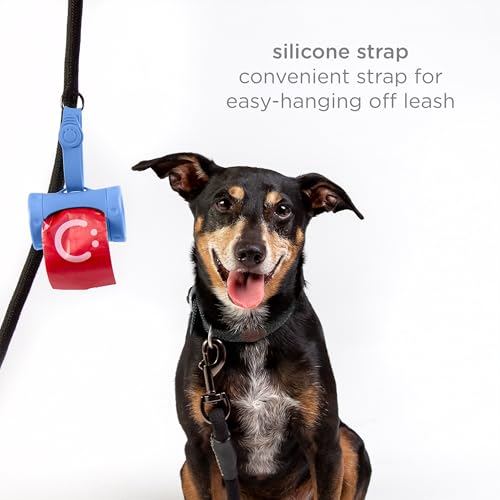 Image of Ubbi Retractable Dog Poop Bag Holder and Dispenser with Silicone Strap Leash Attachment, Includes 2 Rolls of Lavender Scented Leakproof Waste Bags, Blue