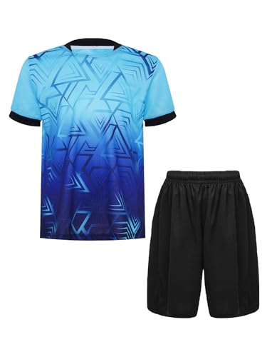 Sinleey Set Trainingsanzug Sportanzug Sommer Jungen Kinder Kurzarm T-shirt Trikot mit Kurze Hosen Jogginganzug Fußball D Hellblau 158-164
