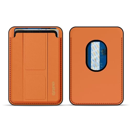 Image of GRIPP Mag Pocket Stand Wallet Card Holder Compatible with Mag-Safe for iPhone 17 /16 /15 /14 /13 /12 Series & All Mag-Safe Phone Cases, Built-in Stand, Premium Leather, Strong Magnetic Alignment - Orange