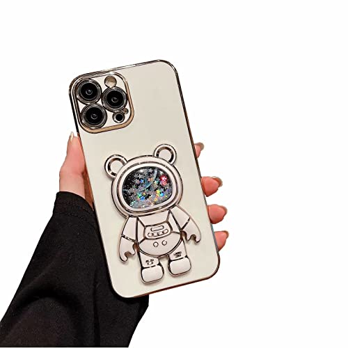Nadoli pour iPhone 13 Pro Sable mouvant Ours Astronaute Invisible Béquille Coque,Ultra Mince Placage Astronaute Pliant Supporter Silicone Flexible Paillette Housse Étui de Potection