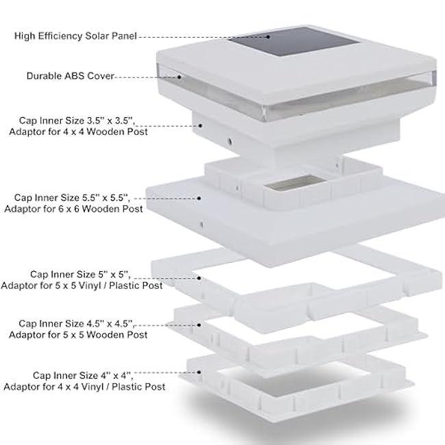 Dynaming 8 Pack Solar Post Lights, Outdoor Decorative Posts Cap Light, Solar Powered White Shell Caps, High Brightness Warm White SMD LED Lighting for Fence Deck Patio, Fit 4x4, 5x5 or 6x6 Wooden Post