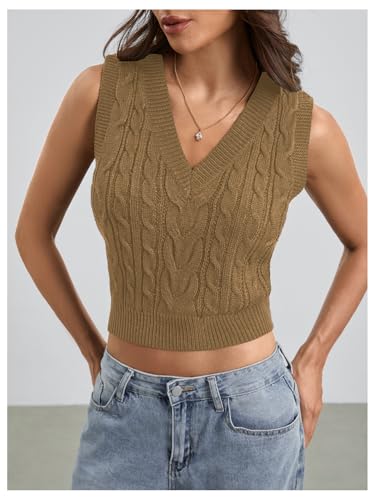 Image of Milumia Women's Cable Knit V Neck Sweater Vest Sleeveless Ribbed Crop Tank Top