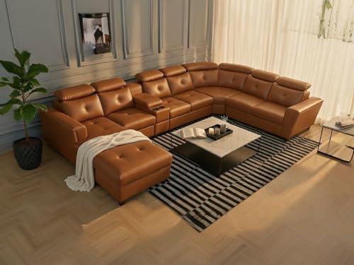 Image of Mishel 12 Seater Sofa Set for Living Room | Sectional U Shaped 12 Seater Sofa with Storage & Cupholder (Tan Leatherette, LHS)
