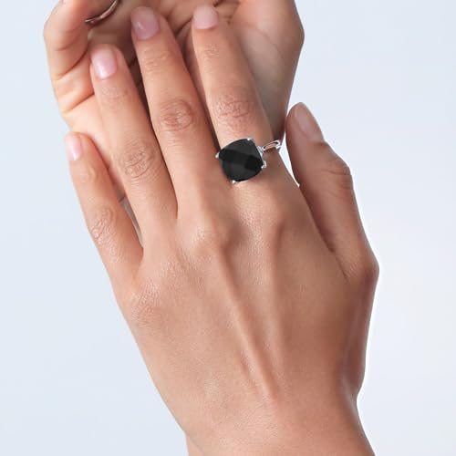 Gem Stone King 8.27 Cttw Black Onyx and White Created Sapphire Engagement Ring For Women | 925 Sterling Silver | 14MM Cushion Checkerboard | Available in Size 5,6,7,8,94