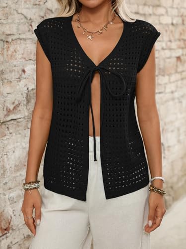 Women's 2025 Summer Short Sleeve Cardigan Sweater Tops Hollow Out Tie Front Y2k Crochet Vest Knit Beach Cover Ups3