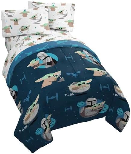 Jay Franco Star Wars The Mandalorian Queen Comforter Set – 5 Piece Bedding Includes Sheet Set & Pillow Covers – Super Soft Grogu and Friends Microfiber Bed Set