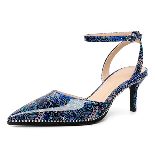 Image of SAMMITOP Kitten Heels for Women Low Heel Closed Toe Ankle Strap Pumps Wedding Party Beaded Dress Shoes 2.4 Inch