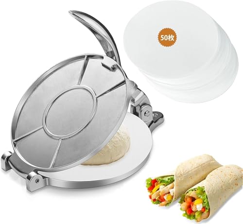 VACCU トルティーヤプレス タコス プレス機 付属50枚ノンスティックペーパーパッド トルティーヤメーカーキッチン用品 表面が滑らかで 洗浄が簡単 調理具 自家製トルティーヤパイ耐熱皿 丈夫で長持ちする 延長ハンドル 50%省力 キッチン用品 多様な美