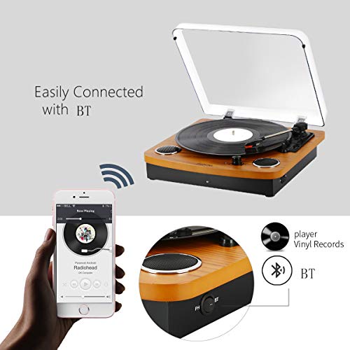 Record Player Vintage Vinyl Record Turntable Player with BT,LP 3-Speed Belt-Drive,RCA Output,3.5mm Aux Input,Headphone Jack