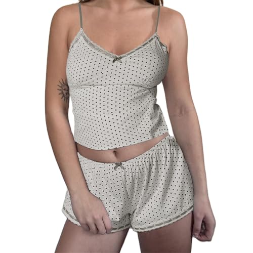 Image of Yuemengxuan Women Y2k Polka Dot Pajamas Sets 2 Piece Sexy Summer Outfits Set Sleeveless Strappy Cami Top Crop Top Shorts Set