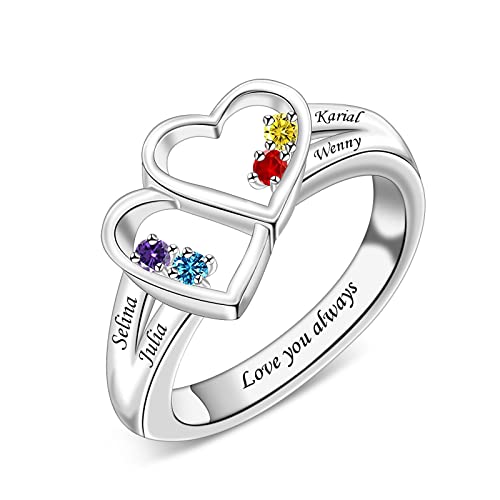 Personalized Mother Rings For Women With 2-8 Simulation Birthstones Custom Heart Birthstone Rings Customize Family Rings With Names Engraved Mother Days Birthday Jewelry Gifts For Grandma Moms (4 Birthstones) #TOP3