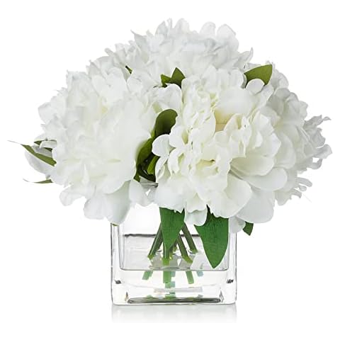 ENOVA FLORAL 7 Heads Peonies Artificial Flowers in Vase, Small Fake Silk Flowers with Vase, Artificial Floral Arrangements with Vase for Dining Table (White) Cover