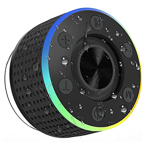 Lrecat Shower Speaker, IP7 Waterproof Bluetooth Speaker Portable, Suction Cup, LED Lights, Dual Pairing, Bass Stereo Wireless Speaker Microphone, FM Radio Outdoor Speaker for Bathroom Party Pool Beach