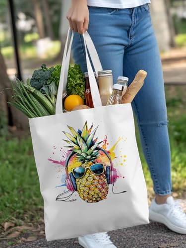 Canvas Tote Bags,Grocery Shopping Cloth Bag Pineapple Headphone Reusable Shoulder Bags Tote Bag for Travel Work Gym4