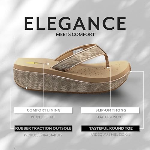 Image of Volatile Neville Wedge Sandals for Women Featuring Soft Webbed Textile Thong Post, Padded Lining, and Slip-On Wedge Style