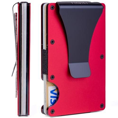 Image of Minimalist Wallet for Men, Slim Metal RFID Blocking Wallet Credit Card Holder Money Clip & Cash Strap, Scratch-Resistant Holds 15 Cards,Ideal Gift for Men | Matt Red