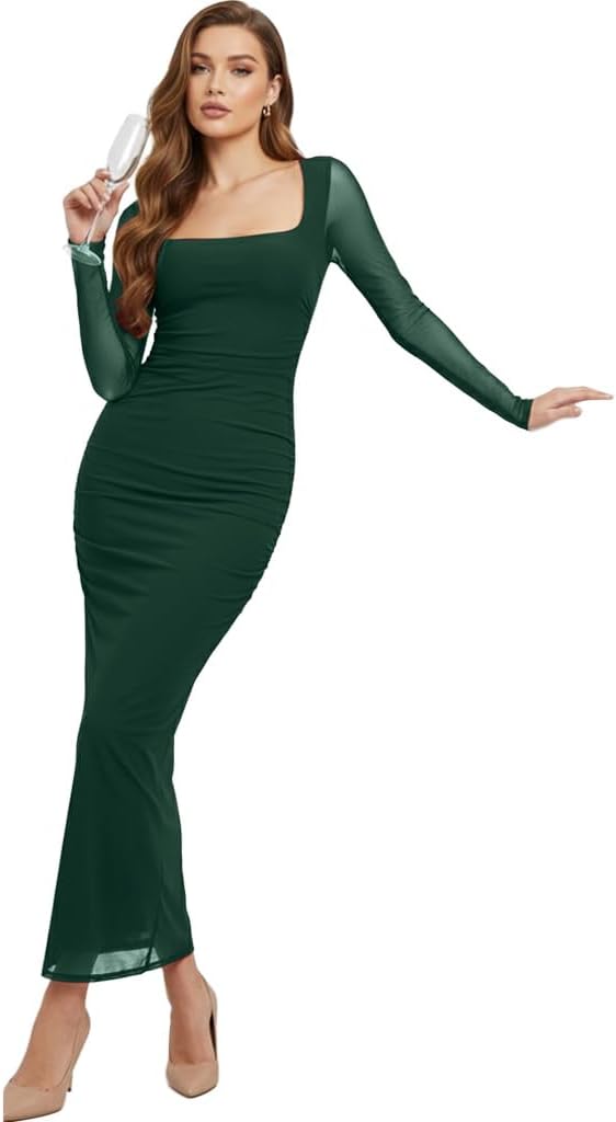 Narecte Womens Formal Dresses Mesh Ruched Maxi Dress Square Neck Long Sleeve Bodycon Fall Wedding Guest Cocktail Dress - Image 5