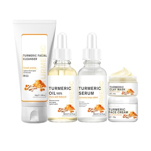 FantasyDay 5PCS Turmeric Skin Care Kit including Turmeric Facial Cleanser, Turmeric Clay Mask, Turmeric Oil, Turmeric Serum and Turmeric Face Cream