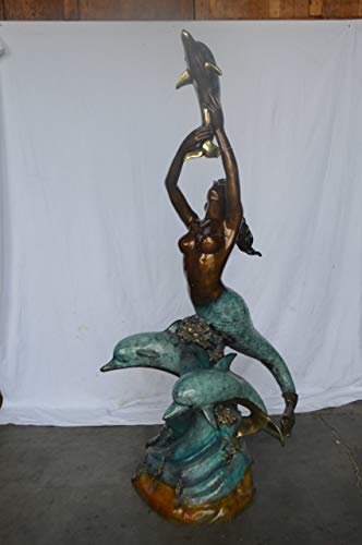 Estatua de sirena de bronce con delfines grande para jardín miniatura 5