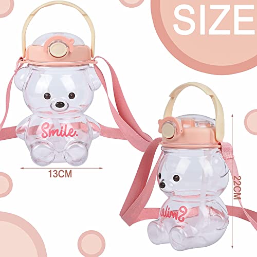 Image of 1 Liter Capacity Cartoon Teddy Bear Water Bottle Sipper Water Bottle Portable Mouth With Straw, Sticker, Strap Smile Teddy Bottle - Color (Pink)