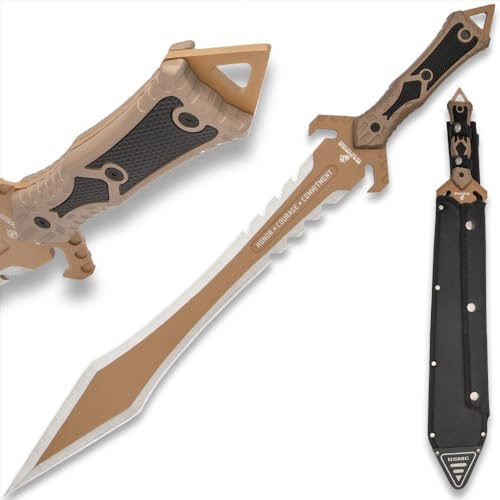 USMC Desert OPS Gladiator Sword and Sheath with Shoulder Strap - Officially Licensed, Stainless Steel Blade, Anti-Corrosion Coating, ABS Handle - Marine Corps Approved for Modern Warrior - Length 24"