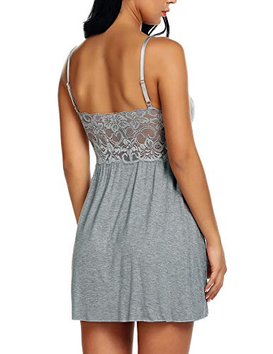 Ababoon Women Lace Modal Sleepwear Chemises V-neck Full Slip Babydoll Nightgown Gray