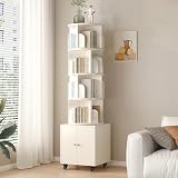 Abosbeet 5 Tier Rotating Bookshelf Tower, 360 ° Display Spinning Bookcase with Large Cabinet and Wheels, Wood Narrow Book Shelf Organizer for Bedroom, Living Room, Study Room, White
