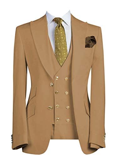 3 Pieces Mens Fashion Suit Double Breasted Vest Wedding Groom Tuxedos Peak Lapel Blazer