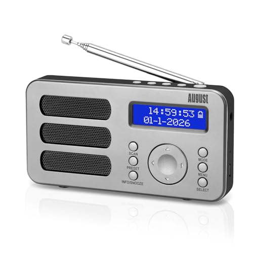 August MB225 - Radio Portable Rechargeable FM Dab RNT - Petite Radio Numérique Stéréo Portative Digitale avec Batterie Alarme Poste 40 Présélections et...