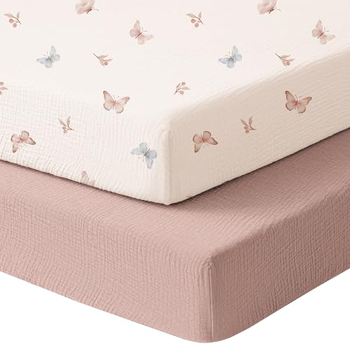 Image of Konssy Muslin Mini Crib Sheets, 100% Soft Cotton Pack and Play Sheets for Pack N Play Mattress, Playard Baby Crib Sheets for Baby Girls(Taupe,Butterfly Dreams)