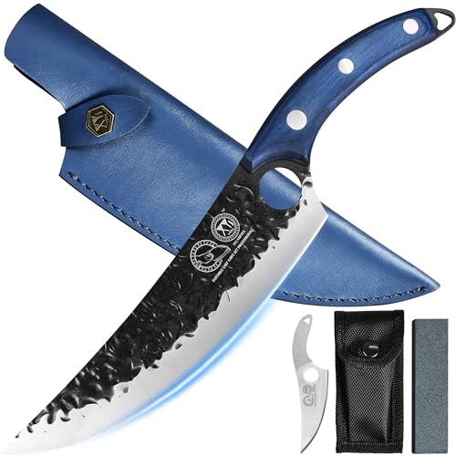 XYJ FULL TANG 8 Inch Stainless Steel Boning Knife Chef Fishing Knives Carry Leather Sheath Outdoor Cooking Knives Meat Butcher Knife For Camping Kitchen or Outdoor BBQ Blues, 8 Inch