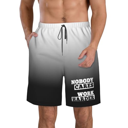 Nobody Cares - Work Harder Men's Casual Board Shorts - Elastic Waist Drawstring Swim Trunks Swimwear Bathing Suits,
