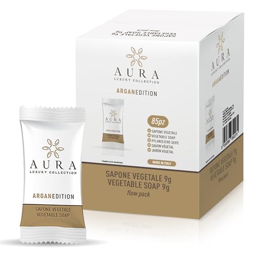 Aura Luxury Collection Kit 85 Saponette Ovali Profumate da 9 gr All'Argan, Ideali per B&B e Hotel, Donano alla Pelle un Aspetto Sano Rendendola Morbida ed Elastica