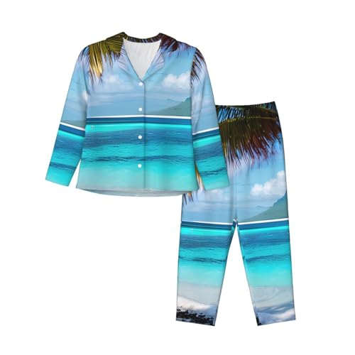 Pyjama 2 pièces manches longues femme Tahiti imprimé plage nuit