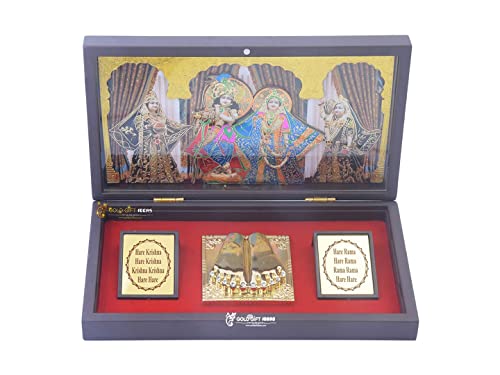 Image of GoldGiftIdeas 24 Carat Gold Plated Radhe Krishna Photo Frame with Charan Paduka Box for Home Decor, Hare Krishna Wooden Momento Gift, Return Gift for Wedding