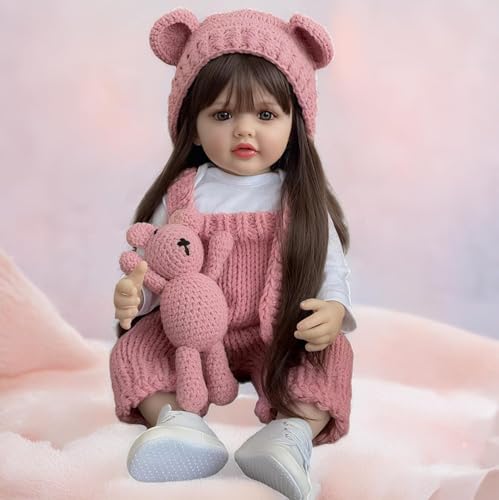 Pinky Lovely 22inch 55cm Reborn Baby Dolls Girl Real Life Full Body Vinyl Newborn Baby Dolls Realistic Looking Brown Long Hair Girl Doll Toy for Ages...