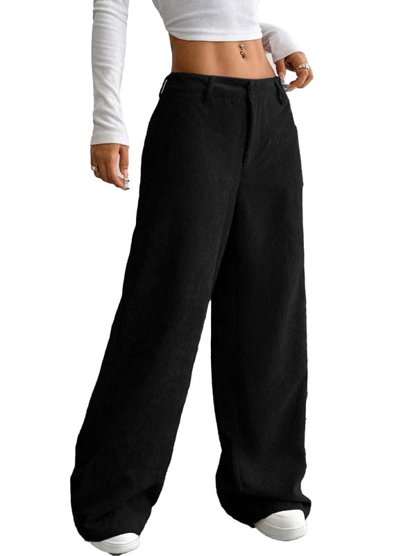 Women's Aesthetic Cotton-Blend Wide Leg Pants with Pocket || Loose Comfy Elastic Waist Corduroy Textured Casual Work Trouser