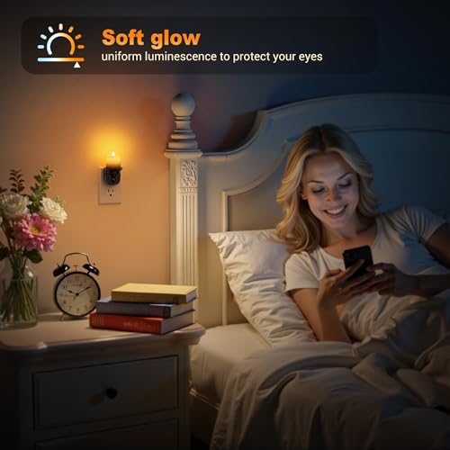 Image of JandCase Night Lights Plug into Wall, 2 Pack Flameless Flickering Electric Fake Candle Night Light with Dusk to Dawn Sensor, 3000K Soft White, 0-100LM Dimmable Nightlight for Bathroom Bedroom Hallway